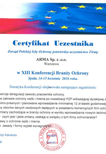 Certyfikat Uczestnika - w XIII Konferencji Branży Ochrony