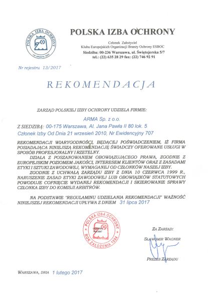 Rekomendacja wiarygodności Polskiej Izby Ochrony Osób i Mienia